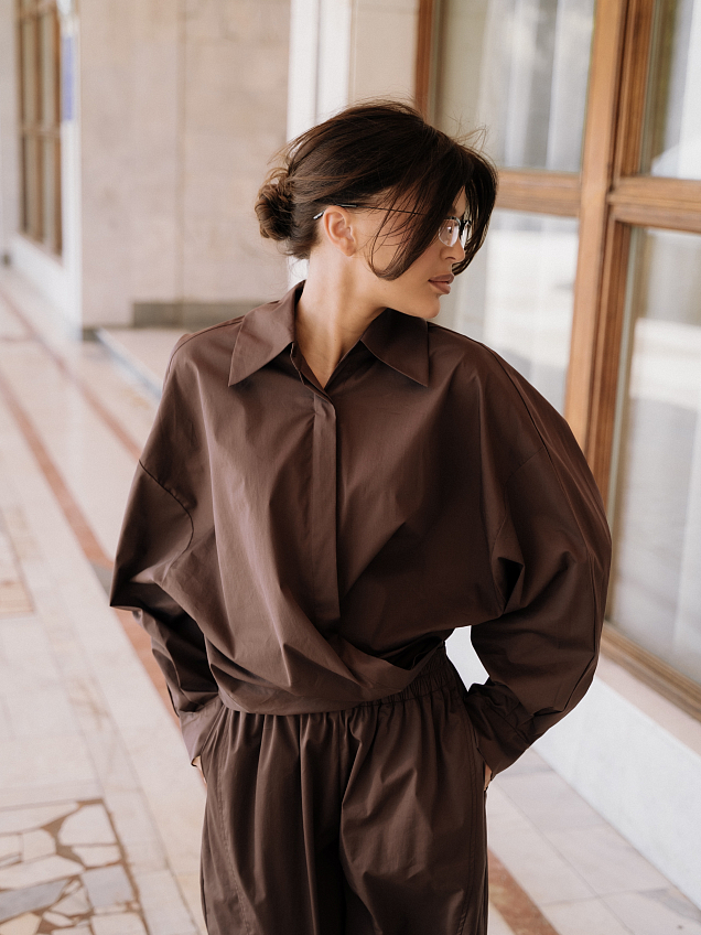 рубашка oversize в мужском стиле шоколадная из хлопка